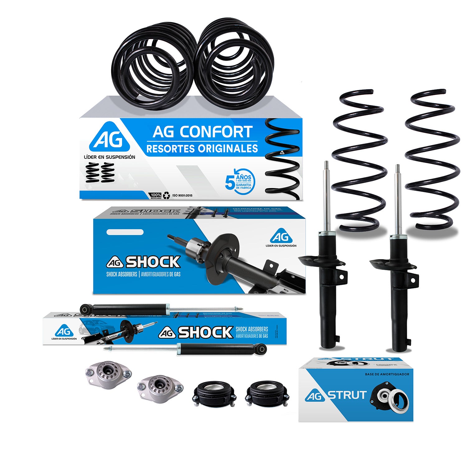 Resortes, Amortiguadores y Bases AG Volkswagen Jetta A6 (Bicentenario) (2.0L) (Carter 50 mm) (Eje rígido Buje 14 mm) 2010-2018 Delanteros y Traseros
