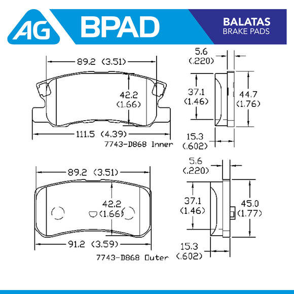 Balatas AG Bpad Chrysler Rotor Tras. 302 mm 2013-2014 Traseras