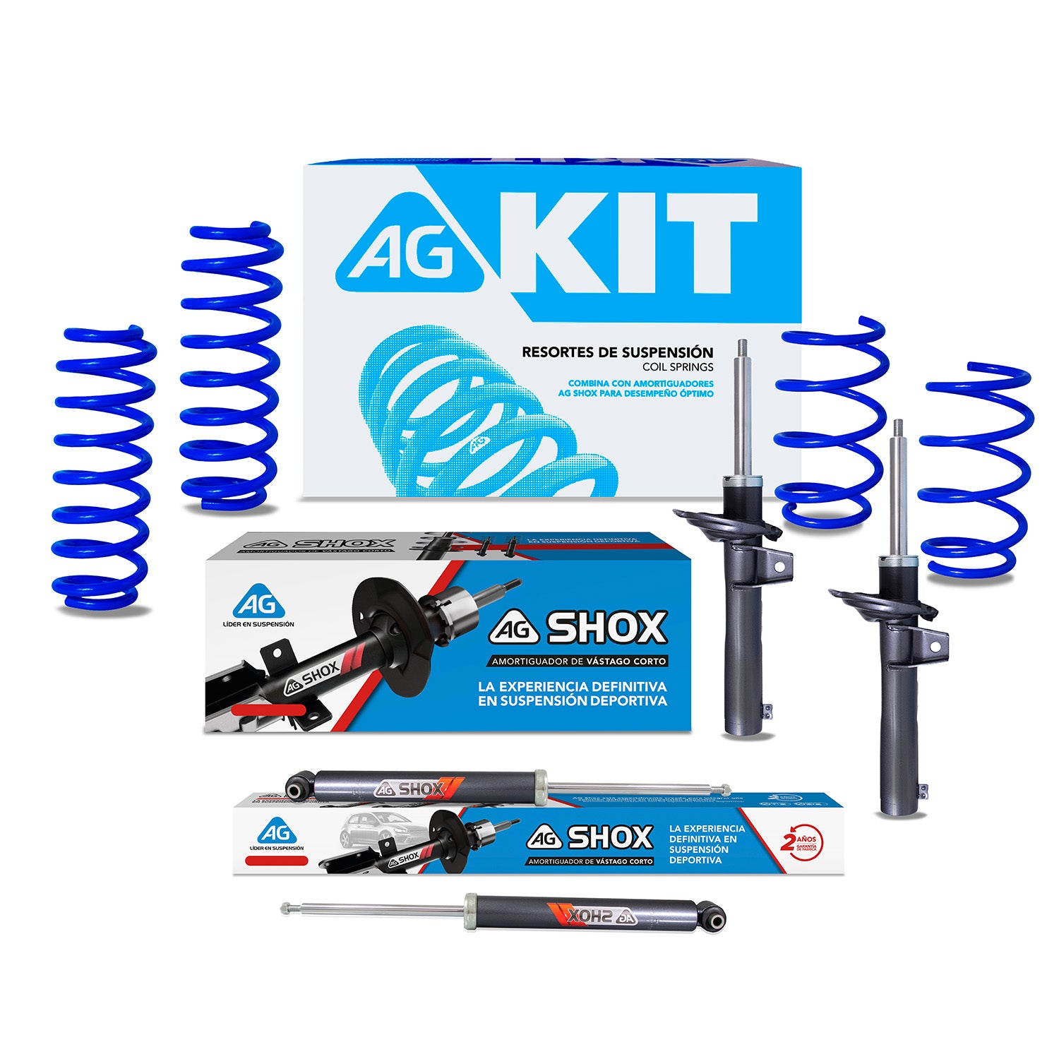 Kit Deportivo Resortes Ag Kit y Amortiguadores Ag Shox Audi A3 (8V) (Carter 55 mm) (Trasero Eje Suspensión Independiente Buje 10 mm) 13-19 Kit 8 Piezas