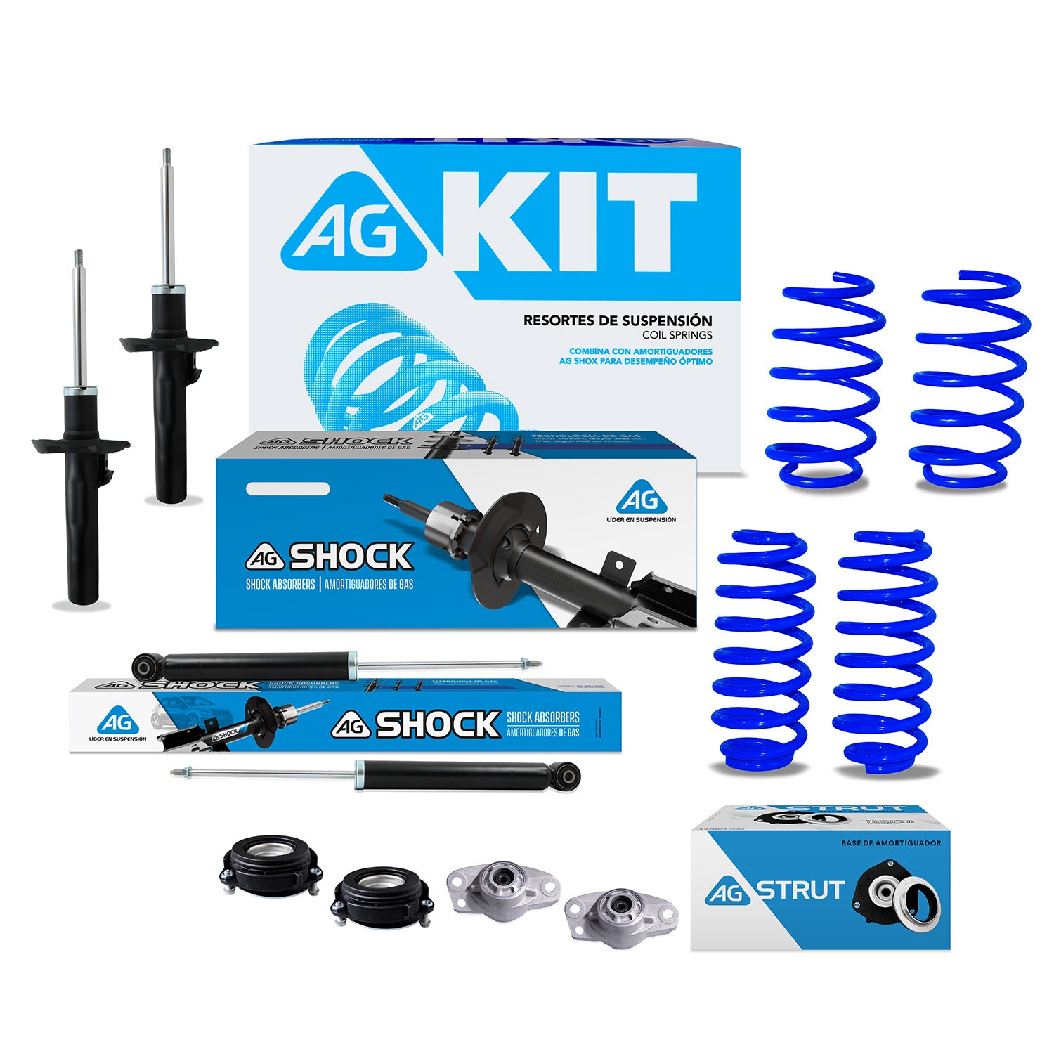 Kit Resortes Deportivos, Amortiguadores y Bases Volkswagen Jetta A5 (Bora) (2.5L) (Carter 55 mm) (Eje rígido Buje 14 mm) 2005-2011 12 piezas