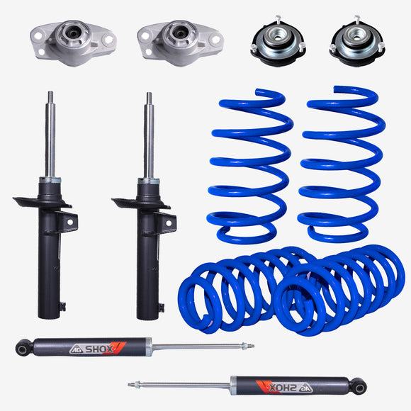 Kit Deportivo Resortes, Amortiguadores y Bases Audi A3 (8P) (Carter 55 mm) (Trasero con Eje Suspensión Independiente Buje 14 mm) 2004-2012 Delanteros y Traseros