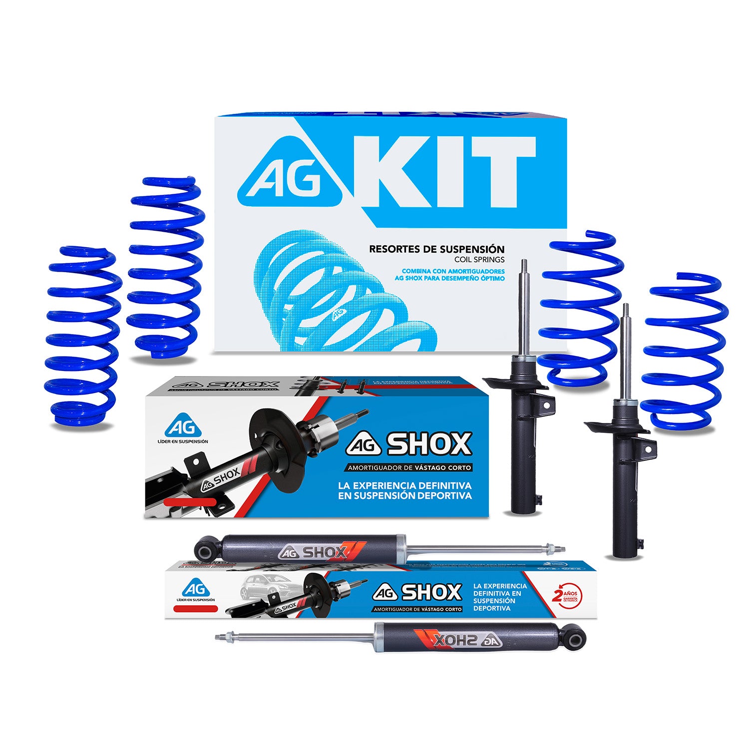 Kit Deportivo Resortes AG Kit y Amortiguadores Ag Shox Audi A3 (8P) (Carter 55 mm) (Trasero con Eje Suspensión Independiente Buje 14 mm) 2003-2012 Kit 8 Piezas