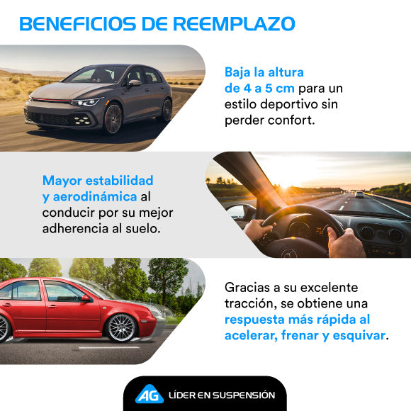 Resortes Deportivos AG Kit y Amortiguadores Deportivos AG Shox Seat León II (Carter 55 mm) (2.5L) (Trasero con Eje Suspensión Independiente Buje 14 mm) 2005-2012 Delanteros