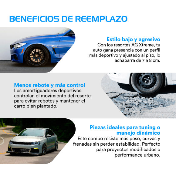 Resortes Deportivos y Amortiguadores Deportivos AG Chevrolet Aveo 2008-2017 Delanteros y Traseros