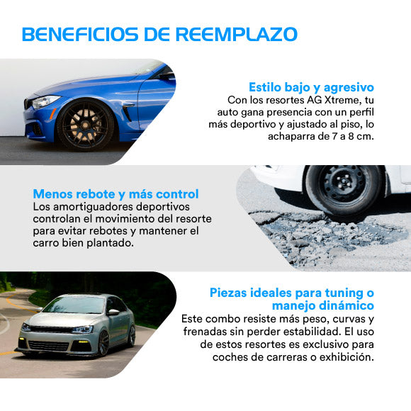 Resortes Deportivos, Amortiguadores Deportivos y Bases AG Volkswagen Jetta A7 (Carter 50 mm) (Trasero Eje Suspensión Independiente Buje 10 mm) 2019-2024 Delanteros y Traseros